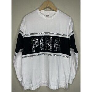 Victorias Secret Pink white Bling Long Sleeve Shirt top sequin logo XS Y2K